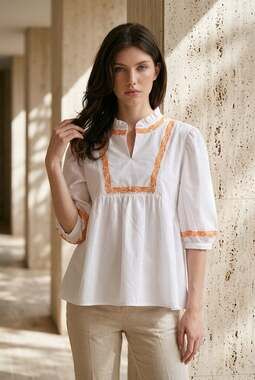 Sweetsalt White Blouse with Orange Embroidered Trim and Ruffle Neck medium